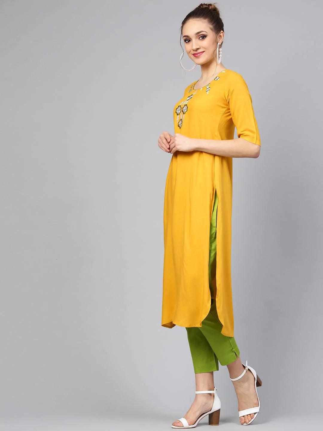 Yellow Embroidered Rayon Kurta Set