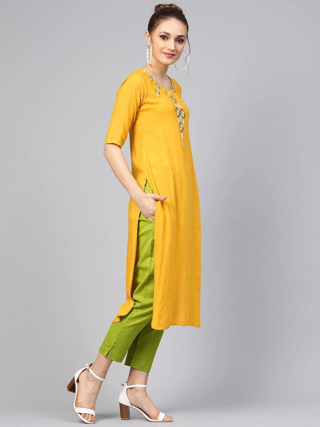 Yellow Embroidered Rayon Kurta Set