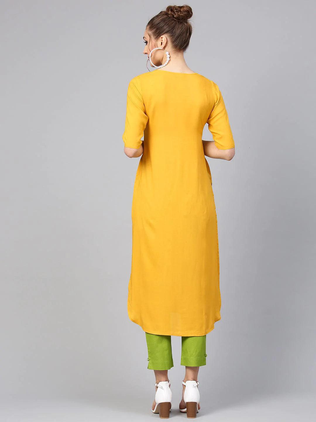 Yellow Embroidered Rayon Kurta Set