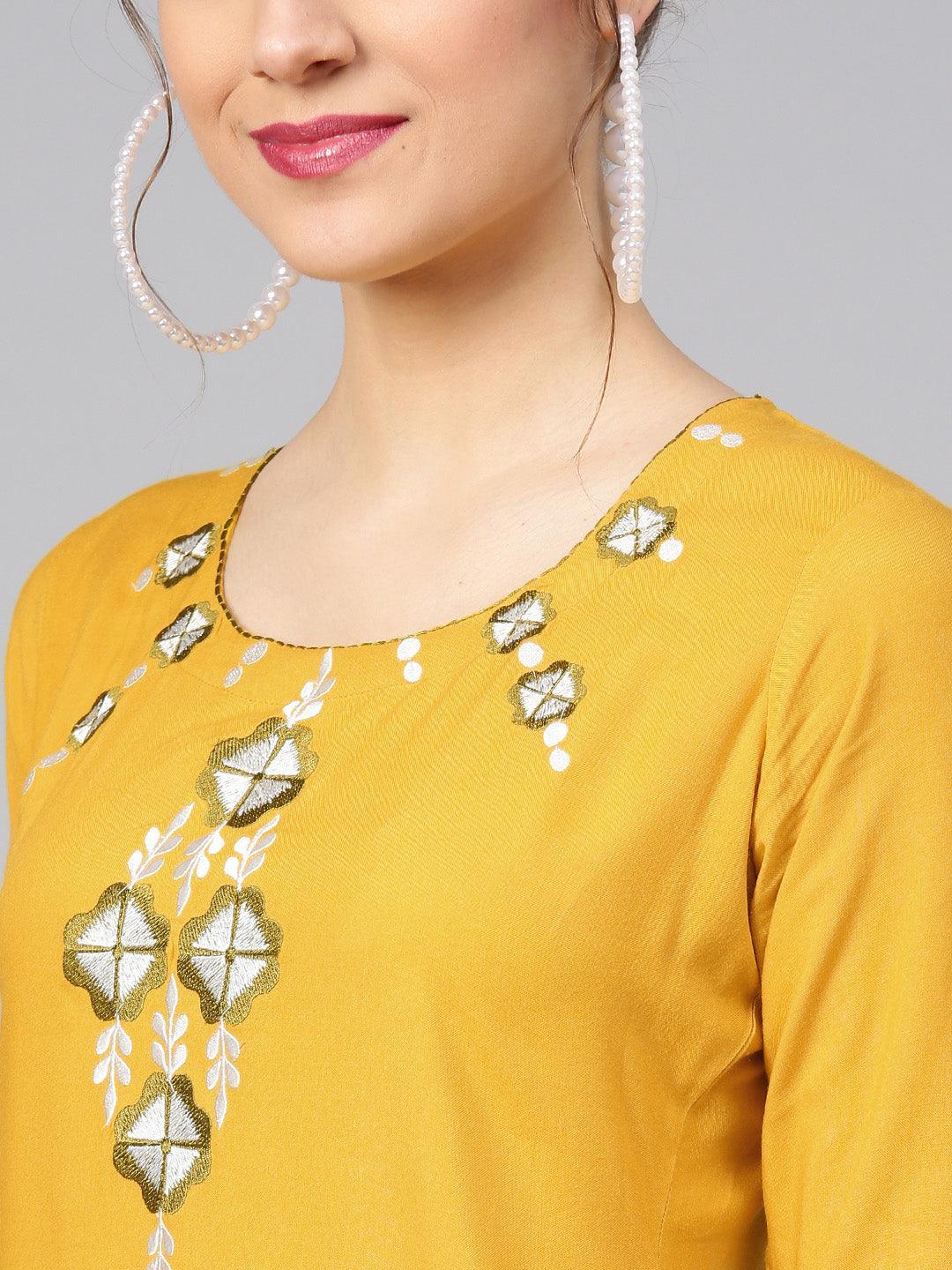 Yellow Embroidered Rayon Kurta Set