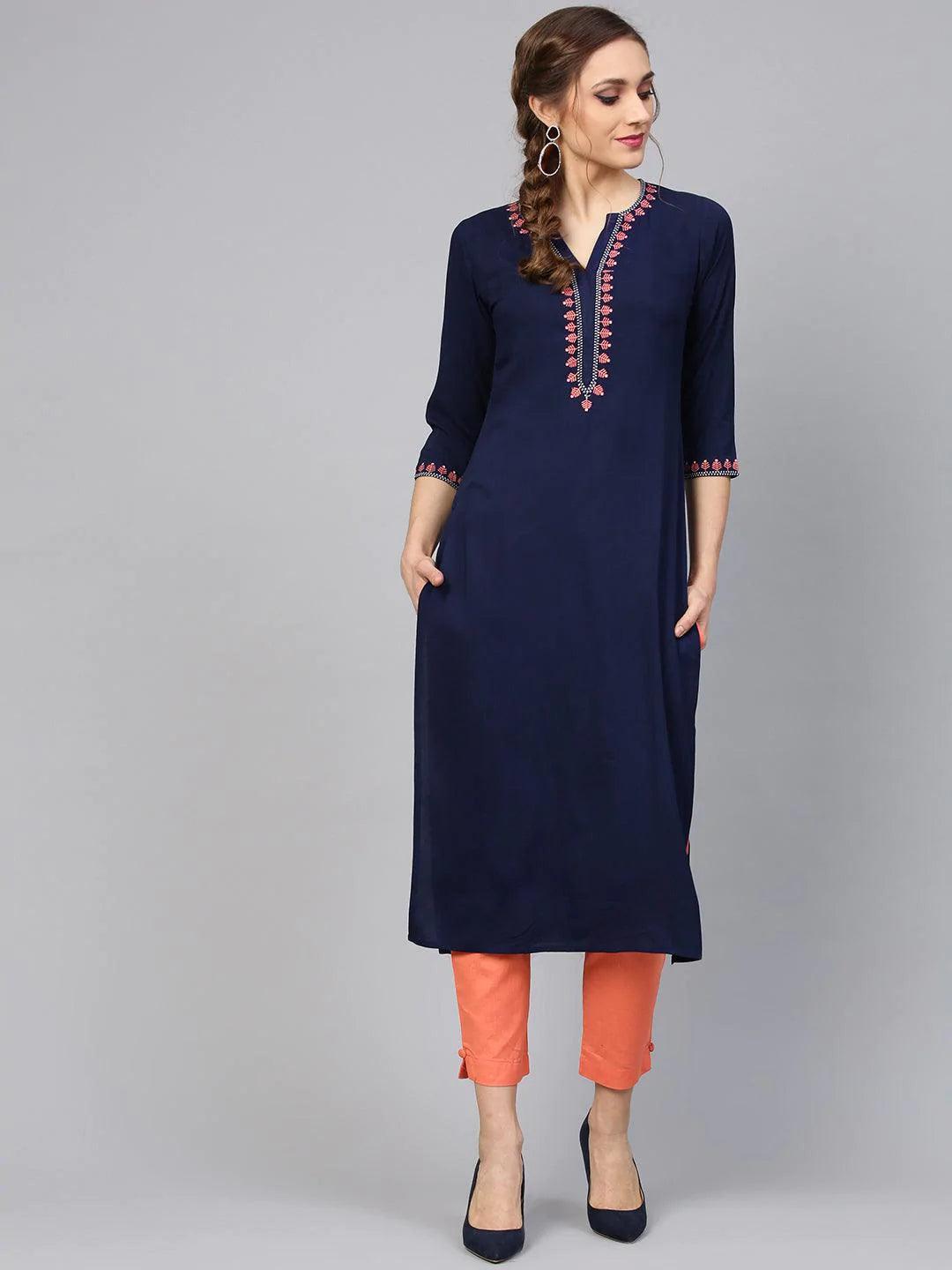 Blue Embroidered Rayon Kurta Set