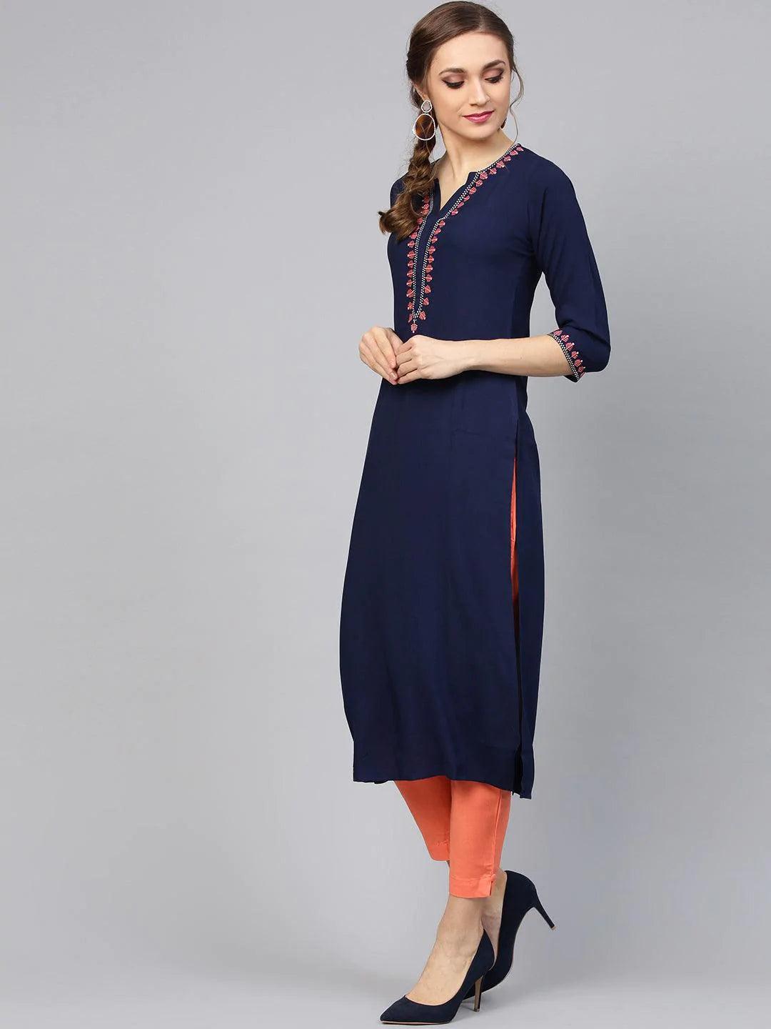 Blue Embroidered Rayon Kurta Set