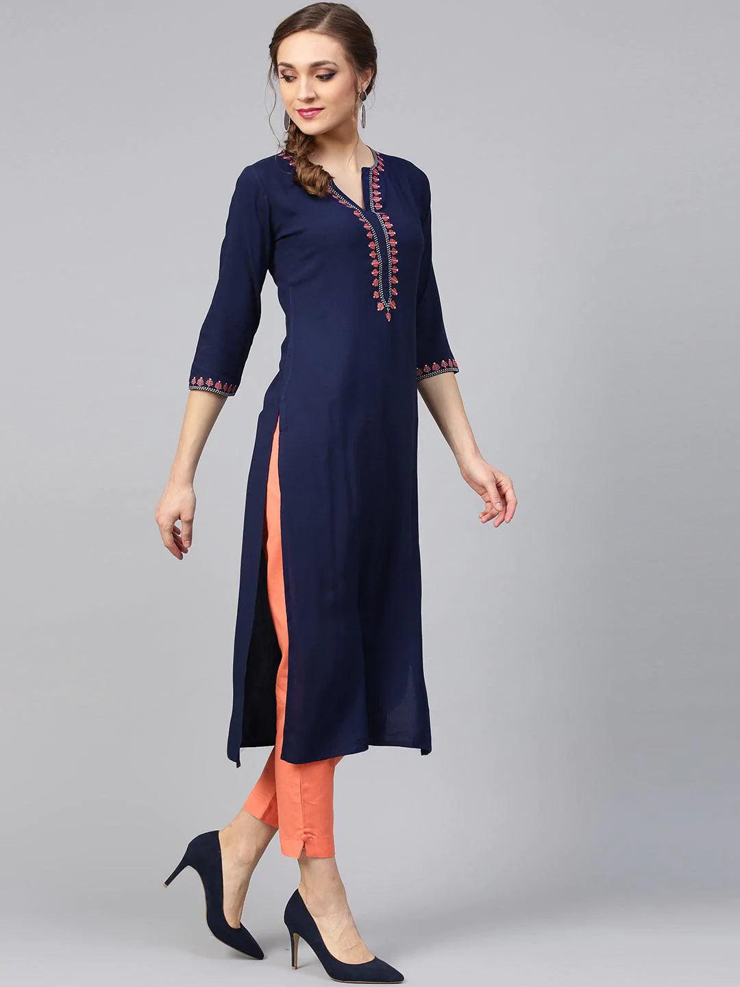 Blue Embroidered Rayon Kurta Set