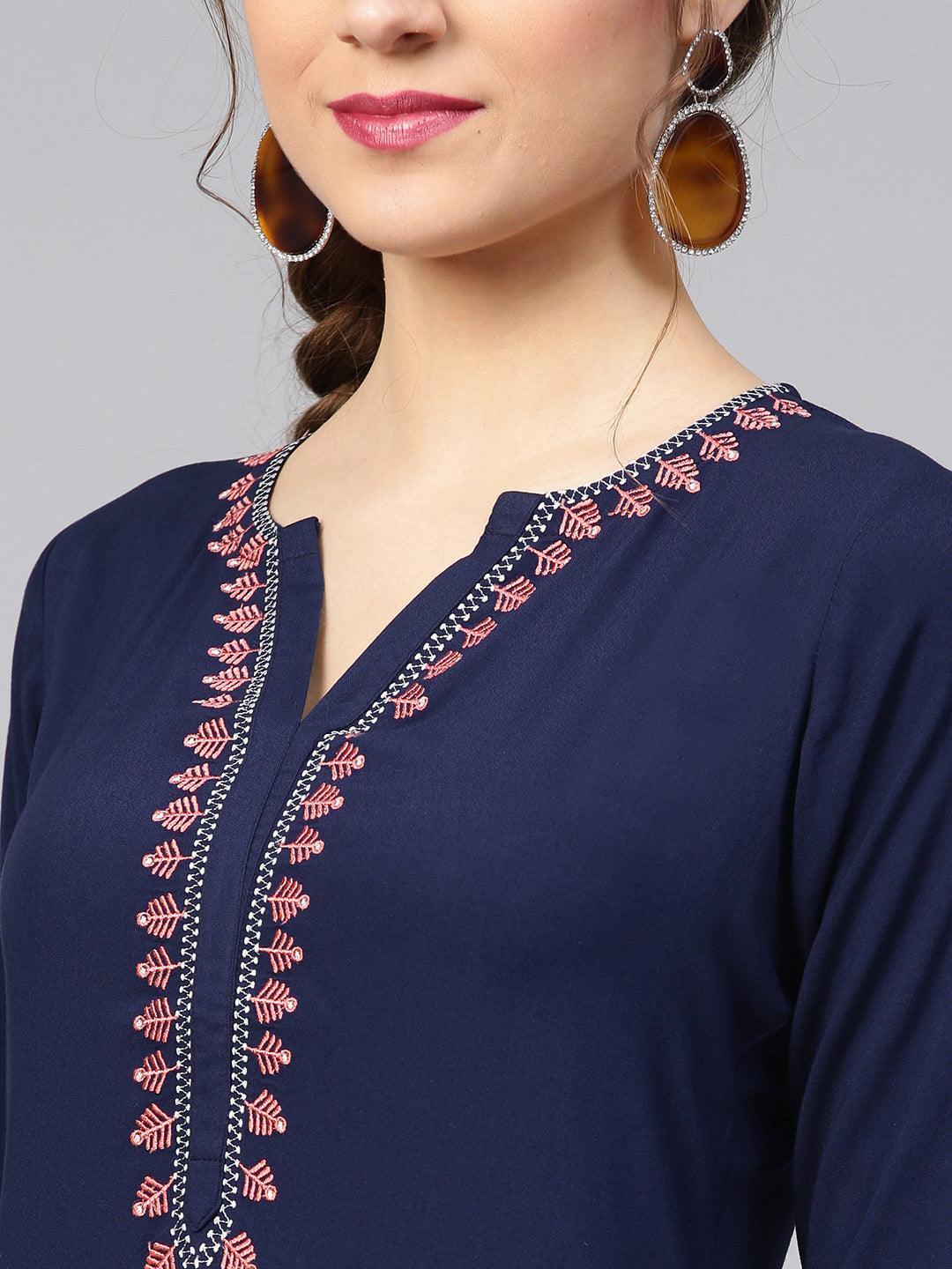 Blue Embroidered Rayon Kurta Set