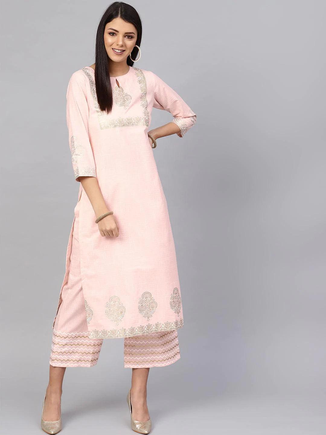 Pink Printed Cotton Kurta Set - ShopLibas