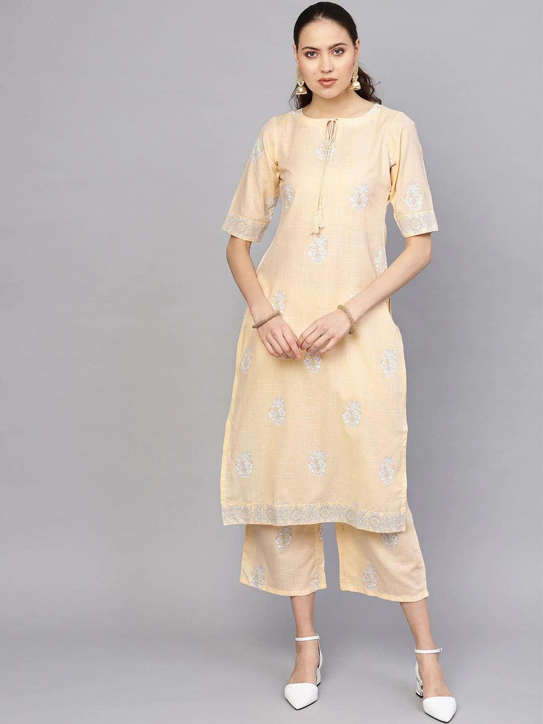 Beige Printed Cotton Kurta Set - ShopLibas