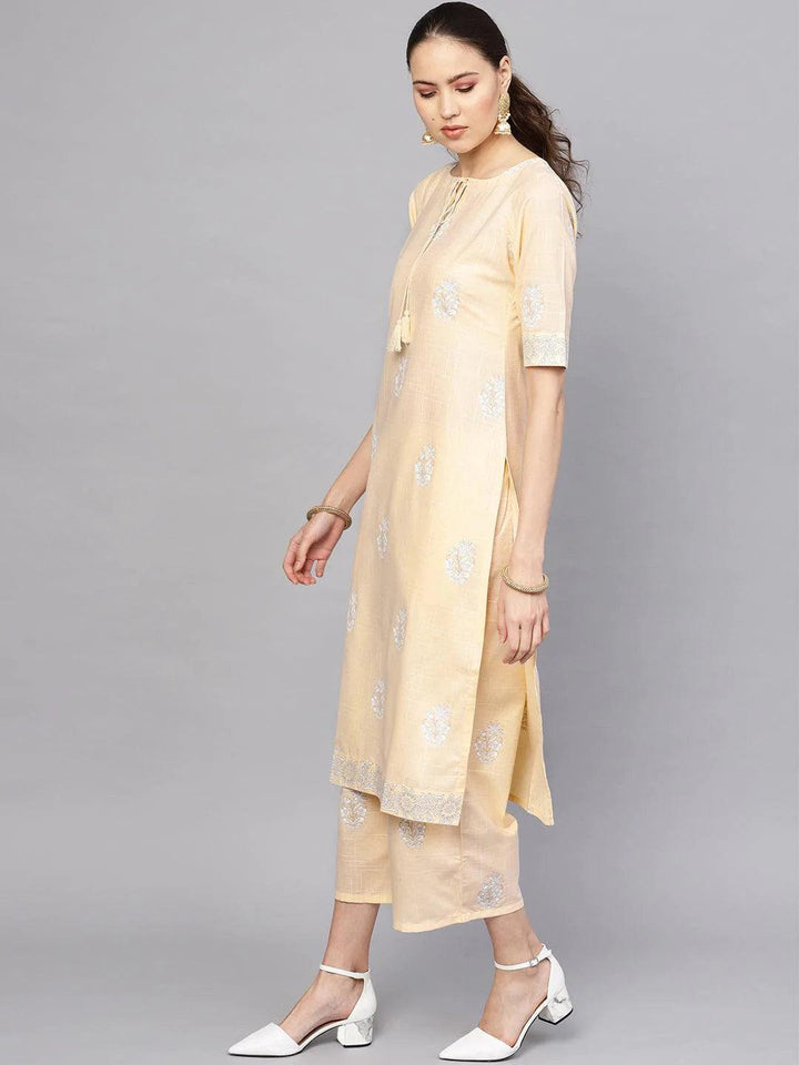 Beige Printed Cotton Kurta Set - ShopLibas