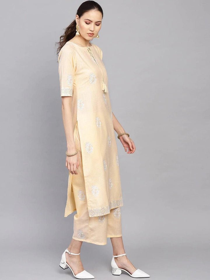 Beige Printed Cotton Kurta Set - ShopLibas