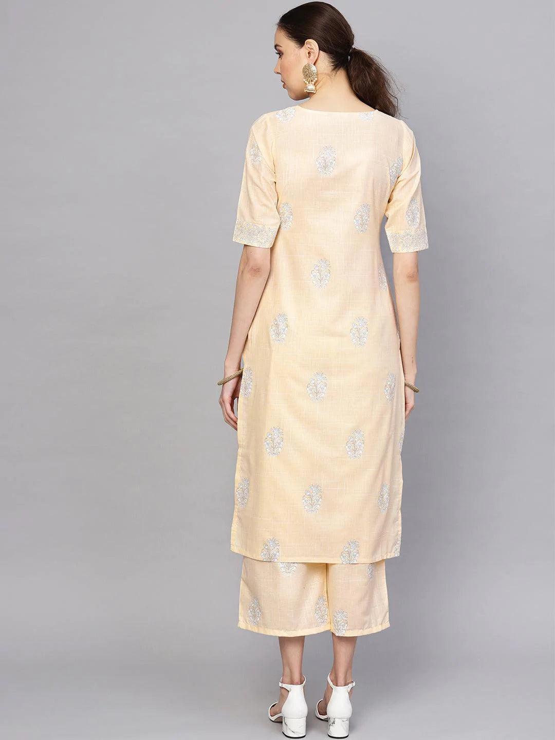 Beige Printed Cotton Kurta Set - ShopLibas