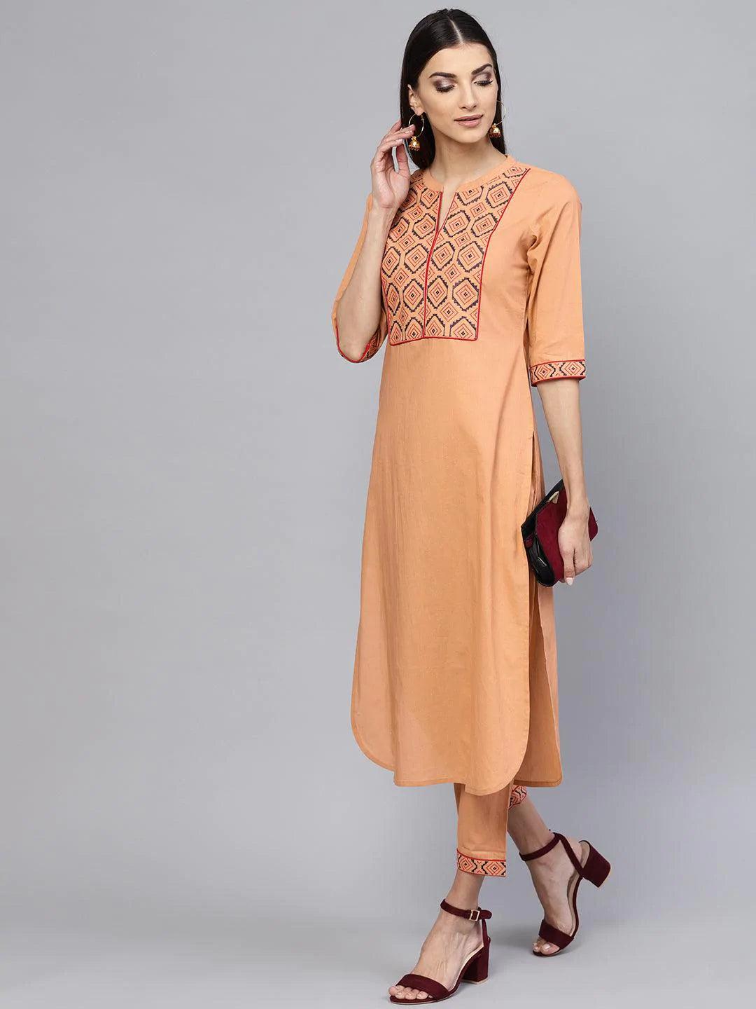 Brown Embroidered Cotton Kurta Set