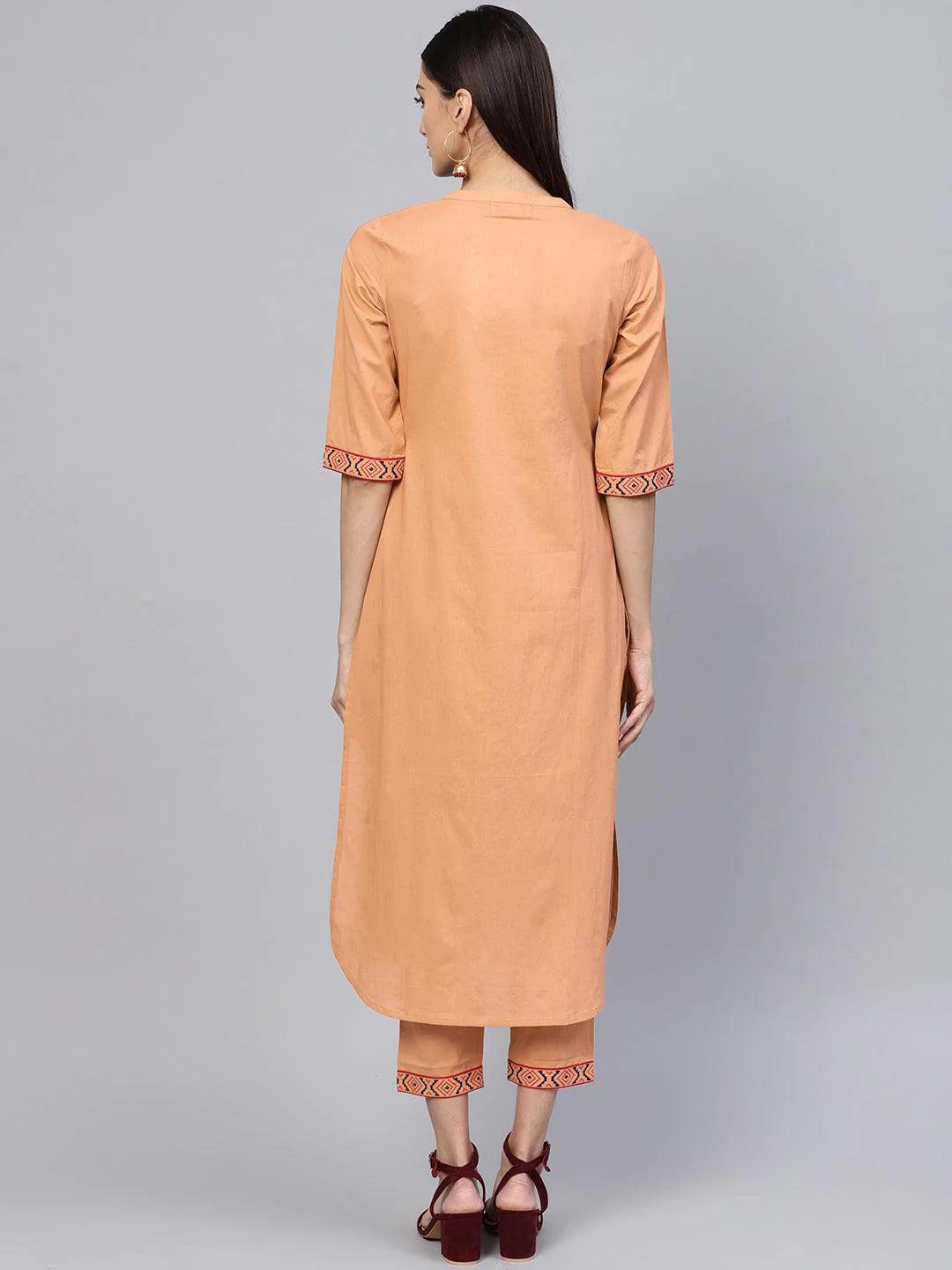 Brown Embroidered Cotton Kurta Set