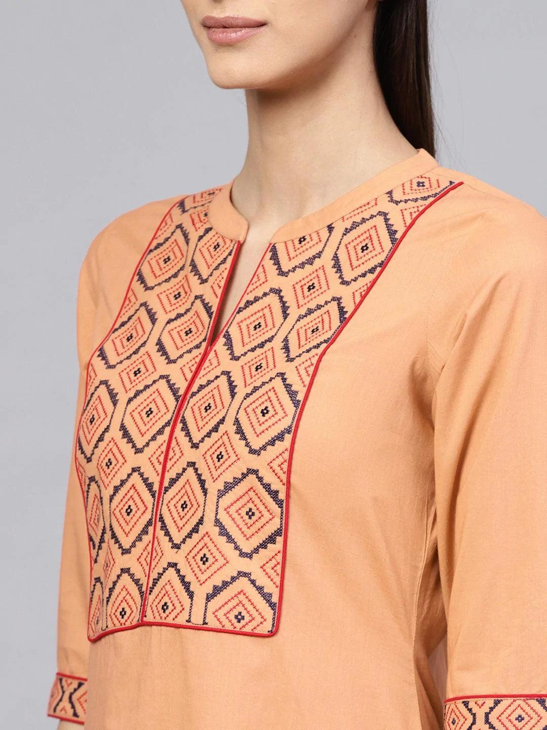 Brown Embroidered Cotton Kurta Set