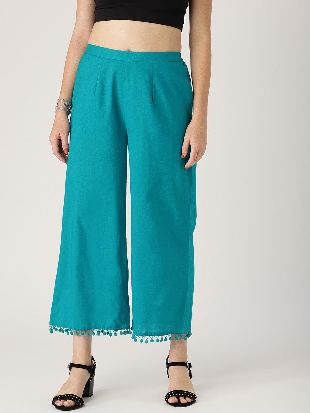 Blue Solid Cotton Palazzos - ShopLibas