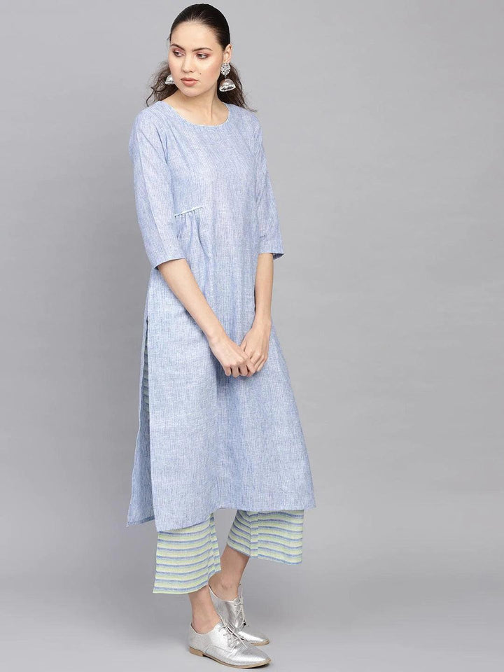 Blue Self Design Cotton Kurta Set - ShopLibas