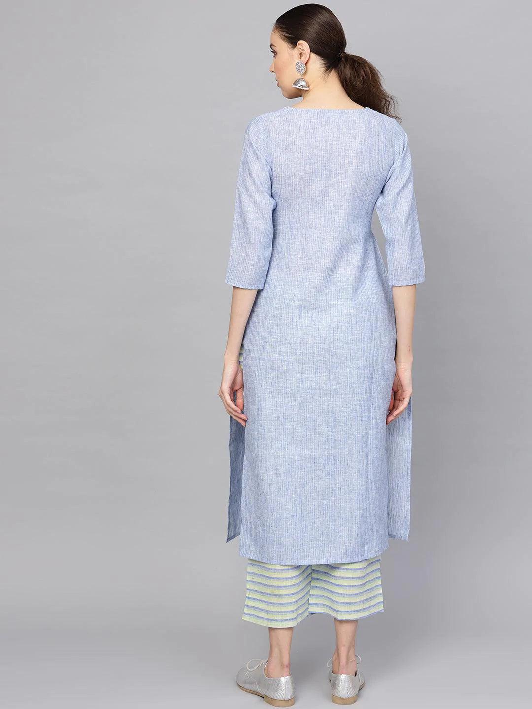 Blue Self Design Cotton Kurta Set