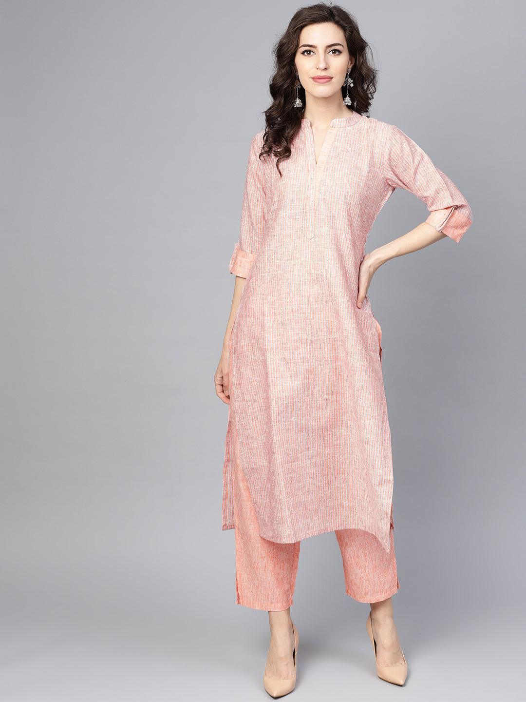 Peach Striped Cotton Kurta Set - ShopLibas