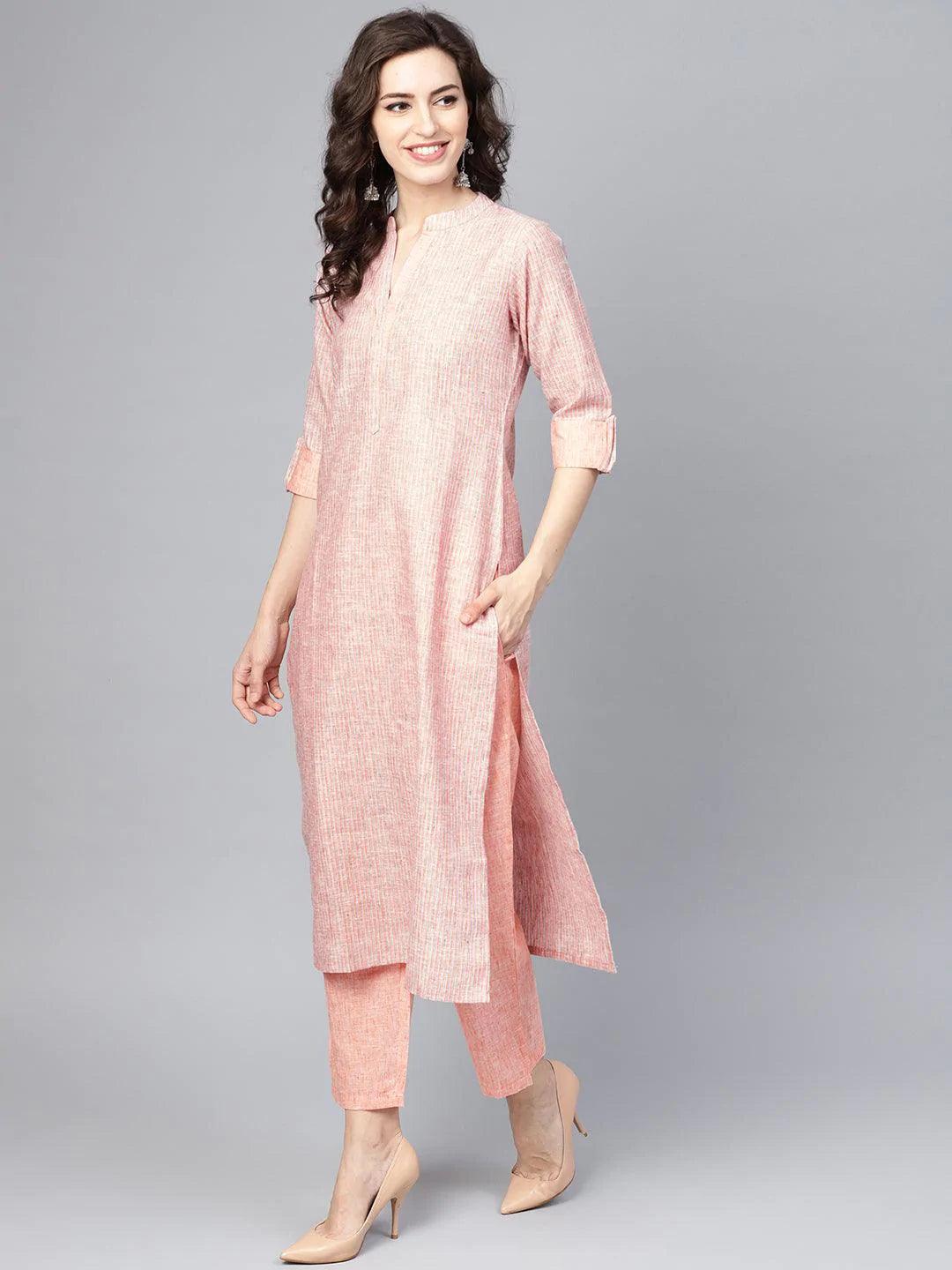 Peach Striped Cotton Kurta Set - ShopLibas