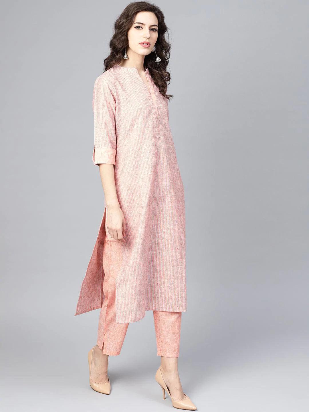 Peach Striped Cotton Kurta Set - ShopLibas