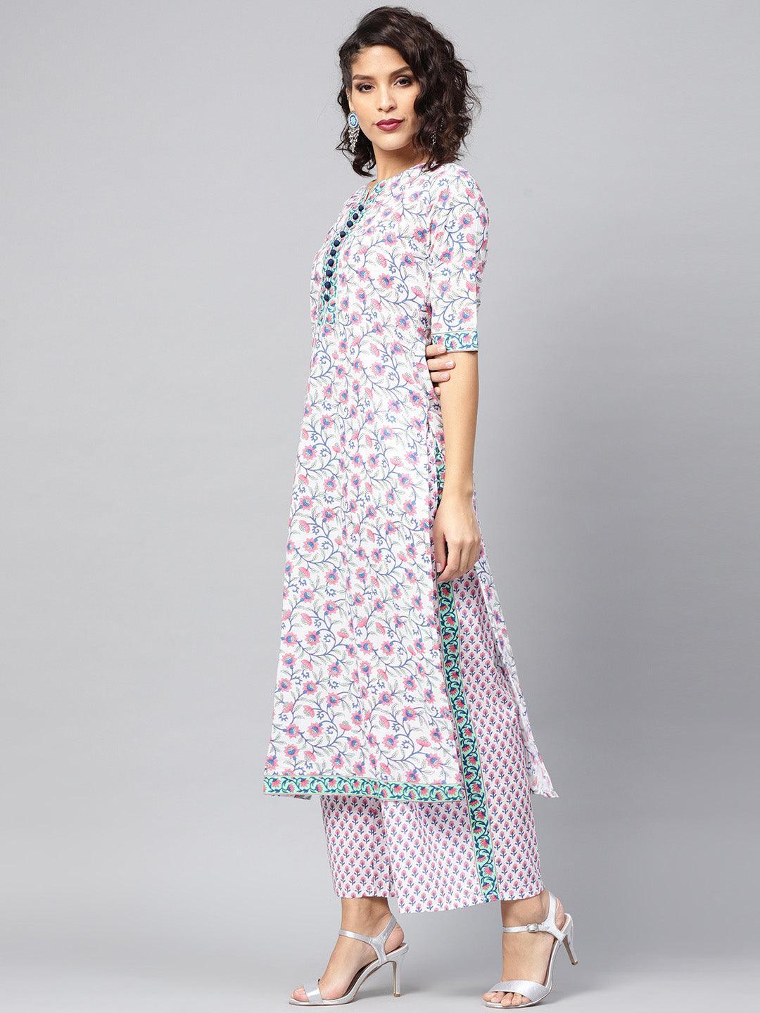 White Printed Cotton Kurta Set