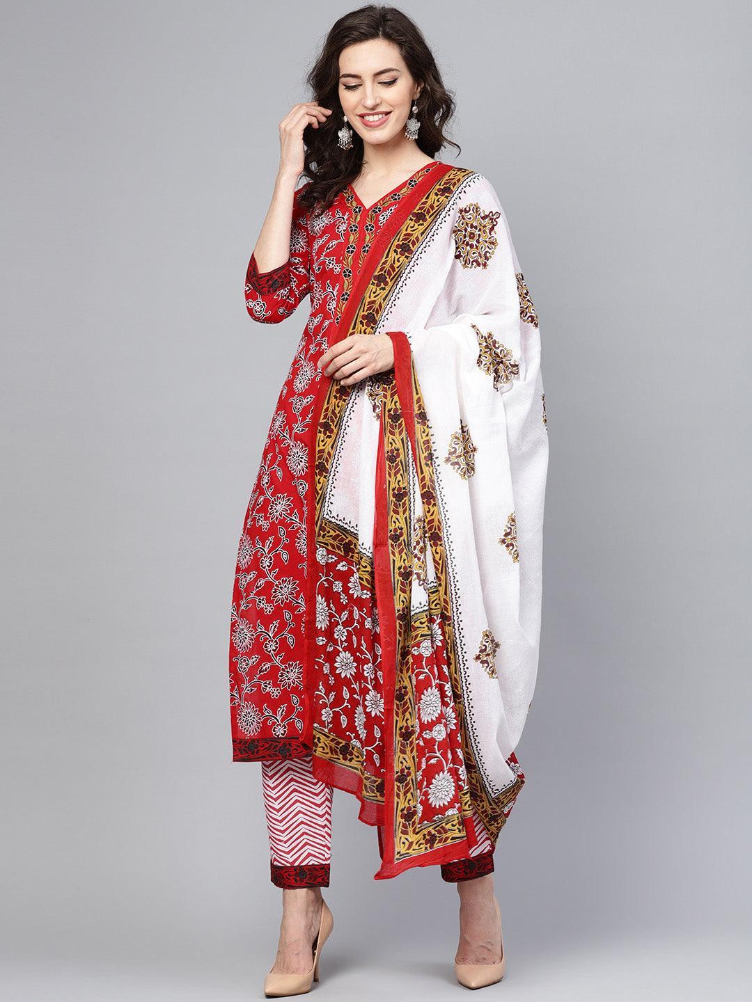 Red Printed Cotton Suit Set