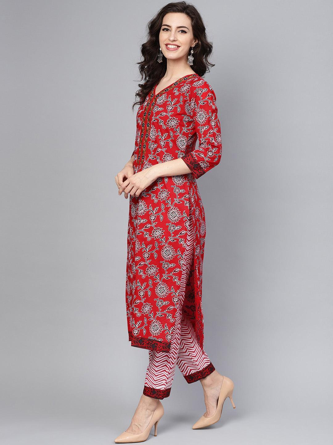 Red Printed Cotton Suit Set