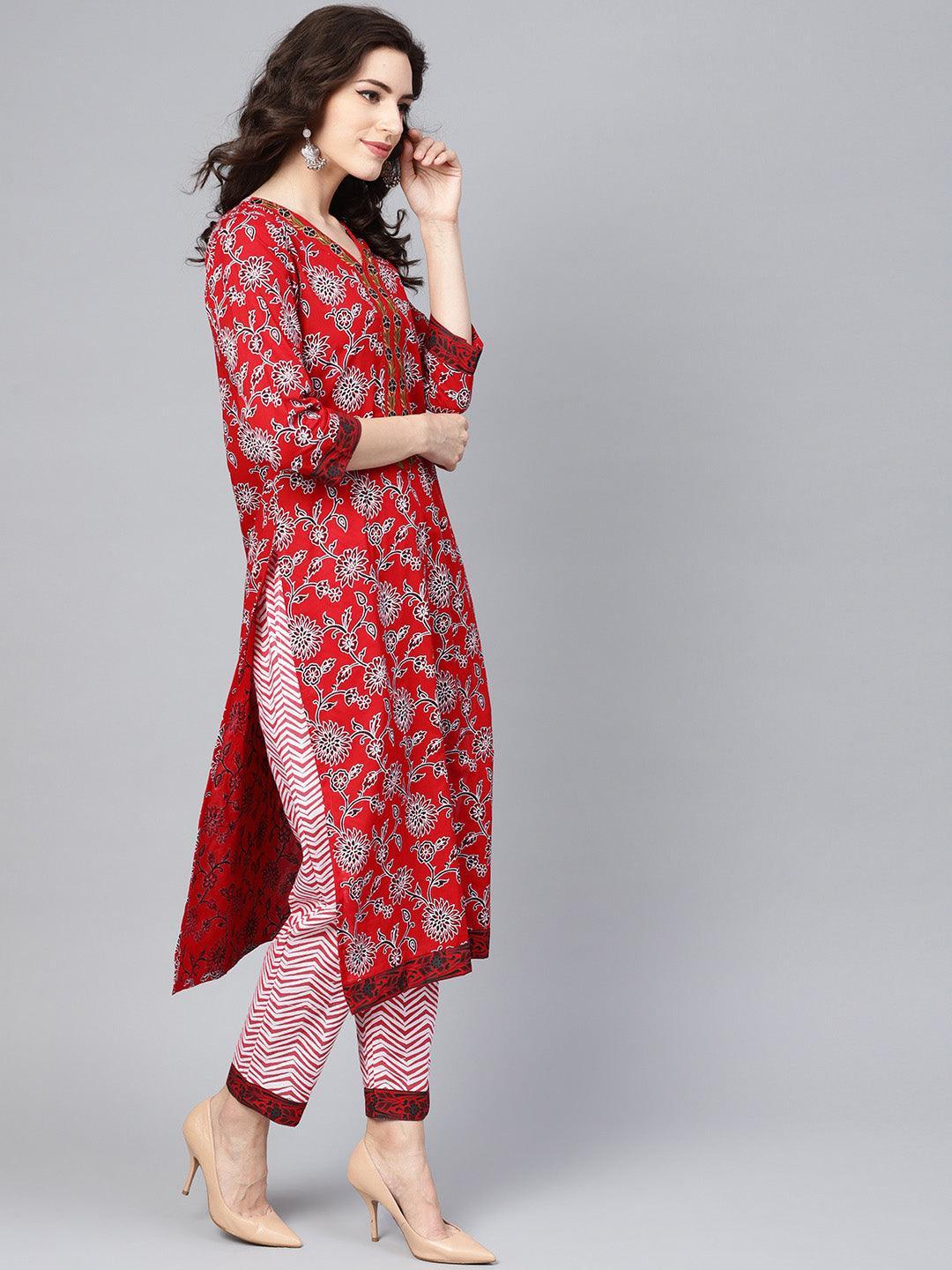 Red Printed Cotton Suit Set