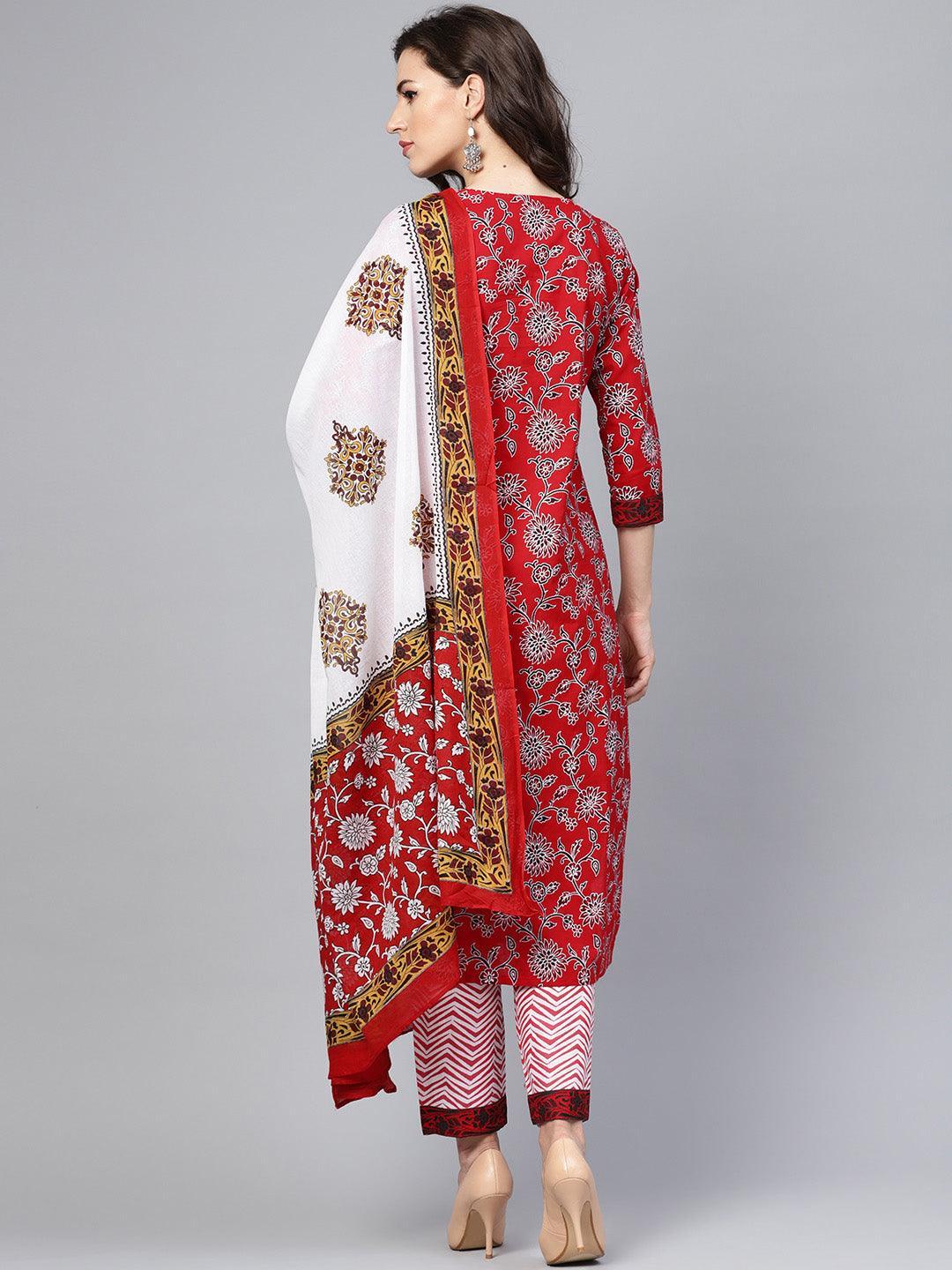 Red Printed Cotton Suit Set - ShopLibas