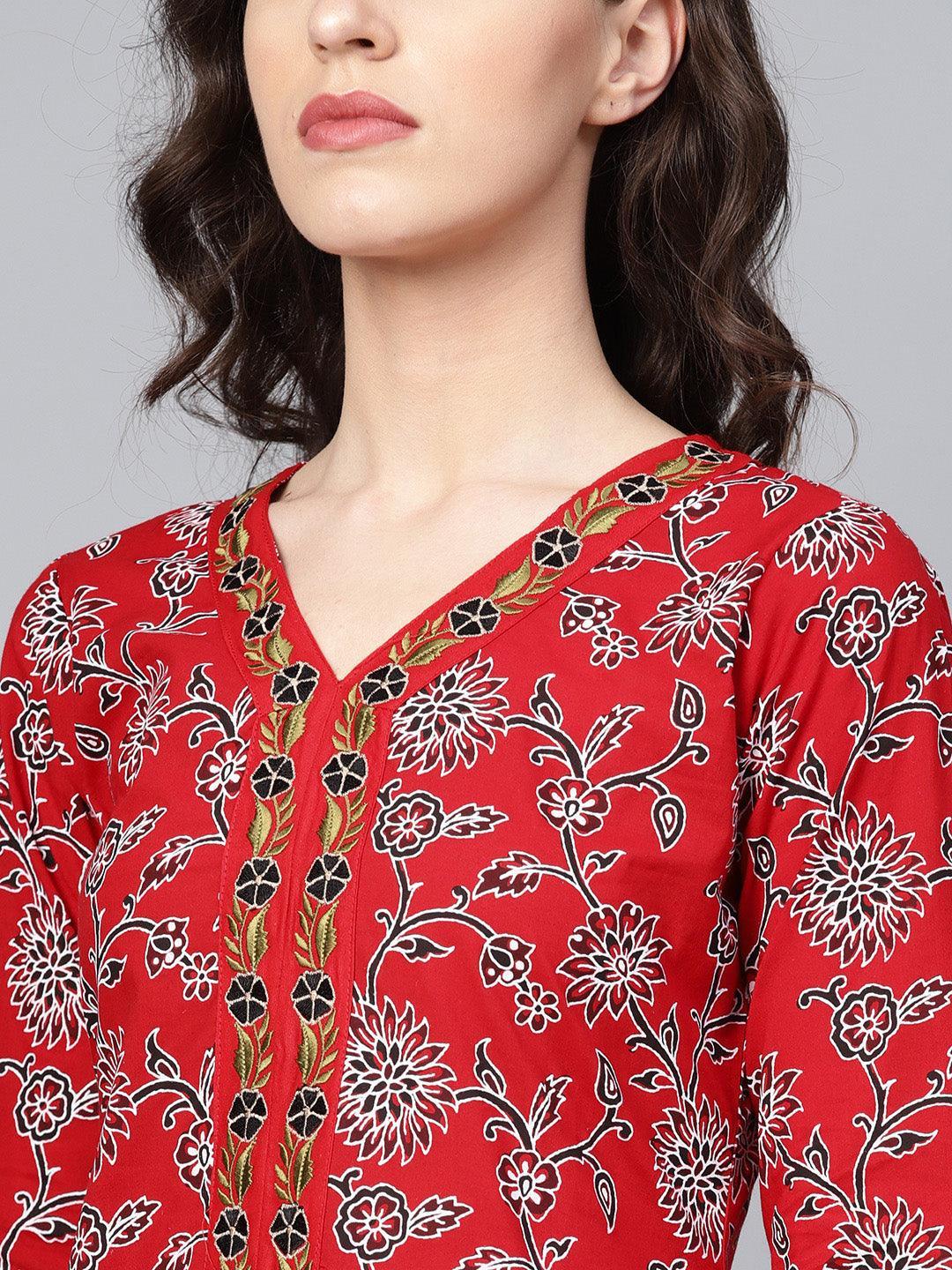 Red Printed Cotton Suit Set