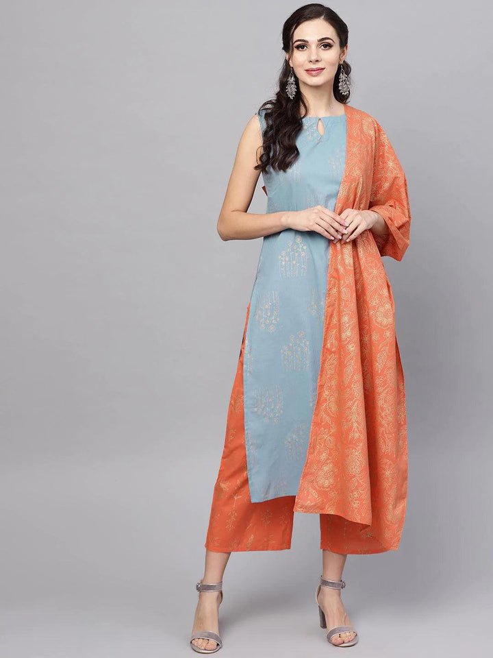 Blue Printed Cotton Suit Set - ShopLibas