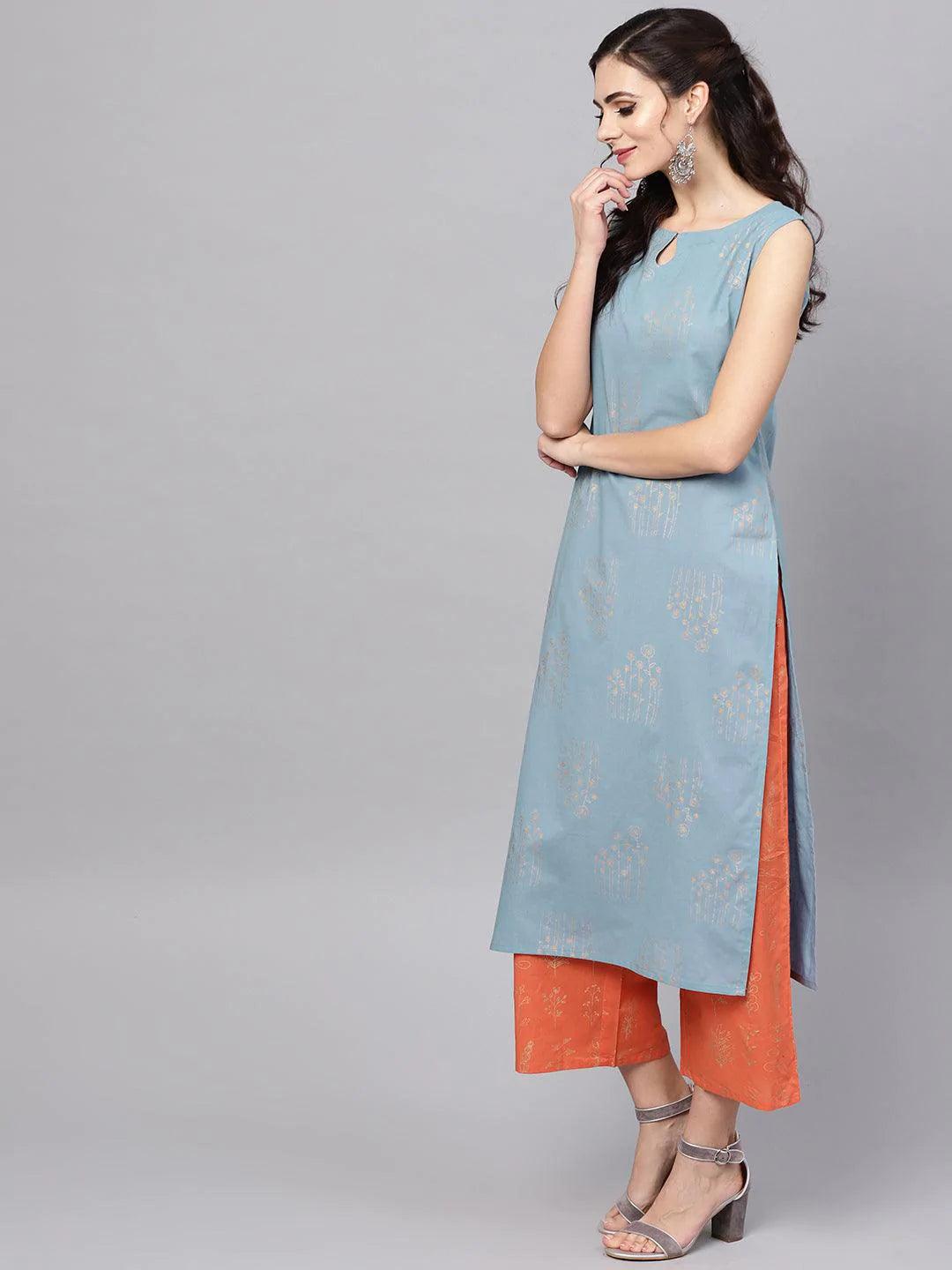 Blue Printed Cotton Suit Set - ShopLibas