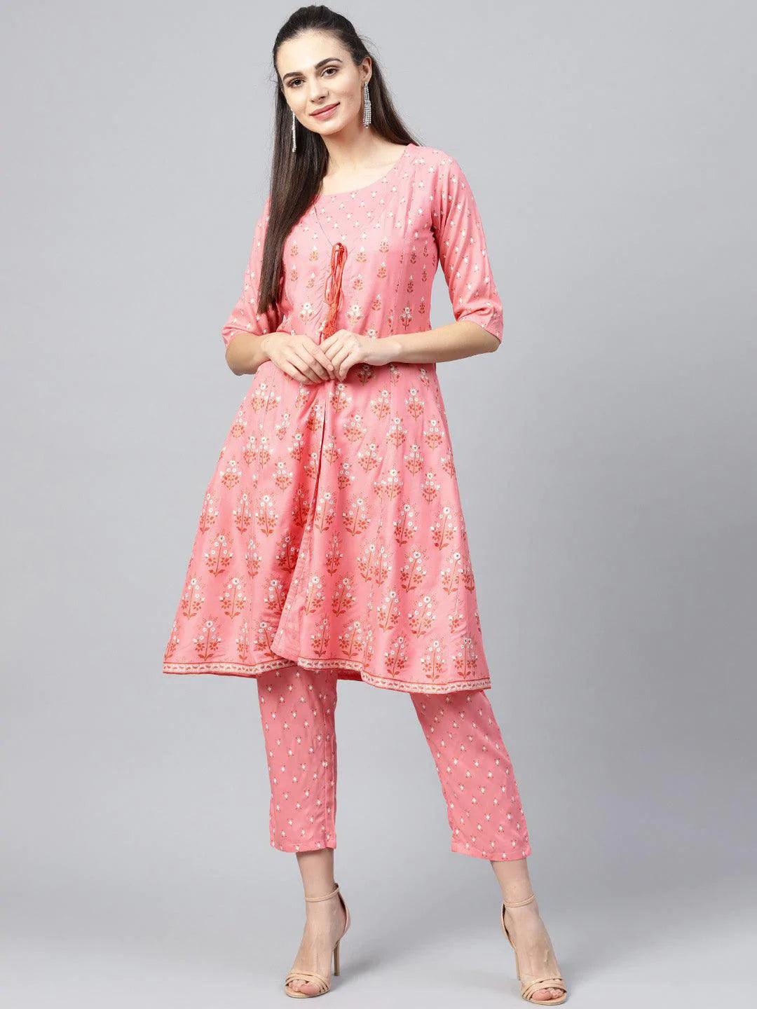 Pink Printed Cotton Kurta Set With Jacket