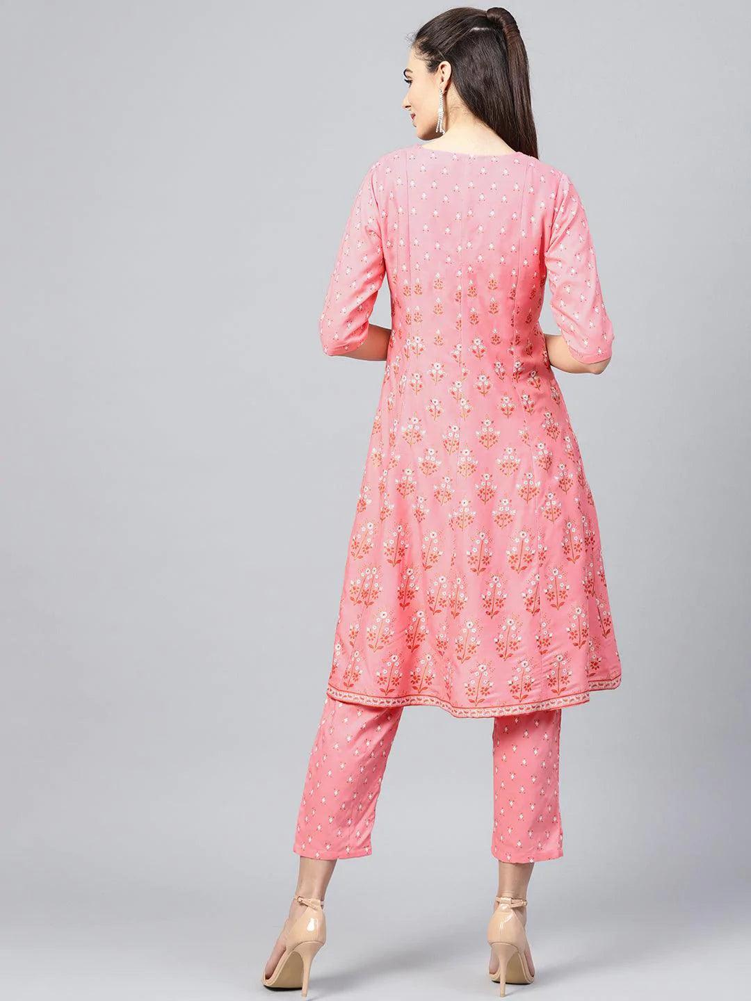 Pink Printed Cotton Kurta Set With Jacket