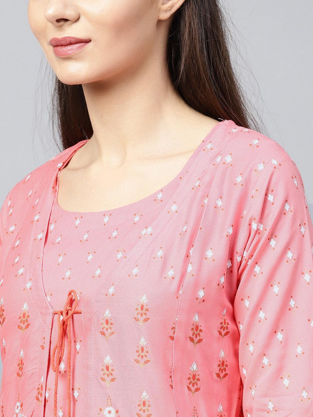 Pink Printed Cotton Kurta Set With Jacket