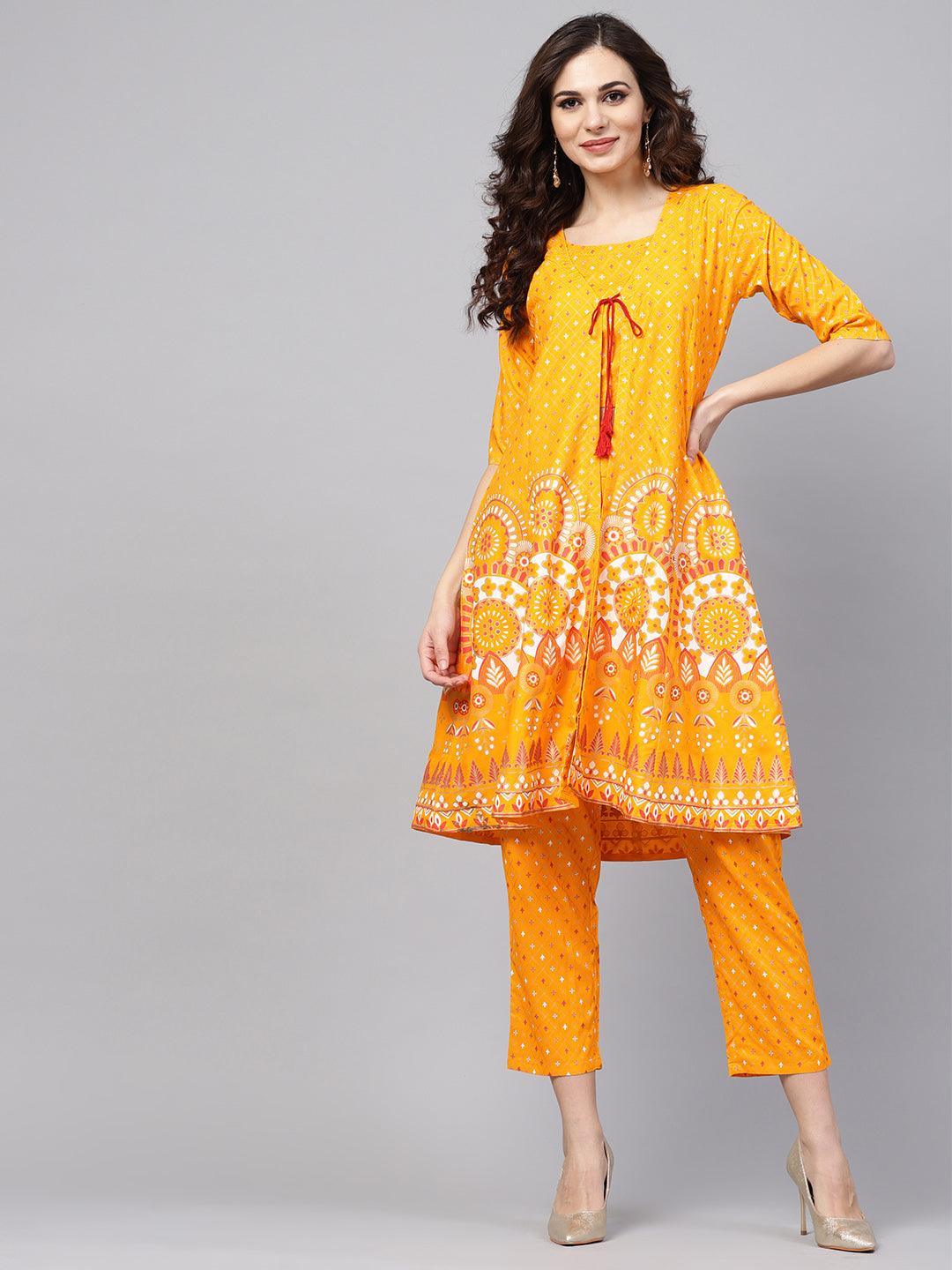 Yellow Printed Cotton Kurta Set With Jacket - ShopLibas