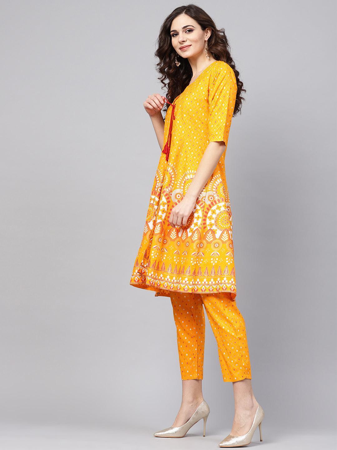 Yellow Printed Cotton Kurta Set With Jacket - ShopLibas