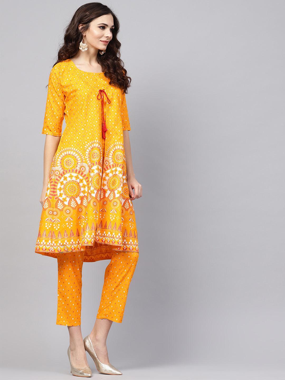 Yellow Printed Cotton Kurta Set With Jacket - ShopLibas