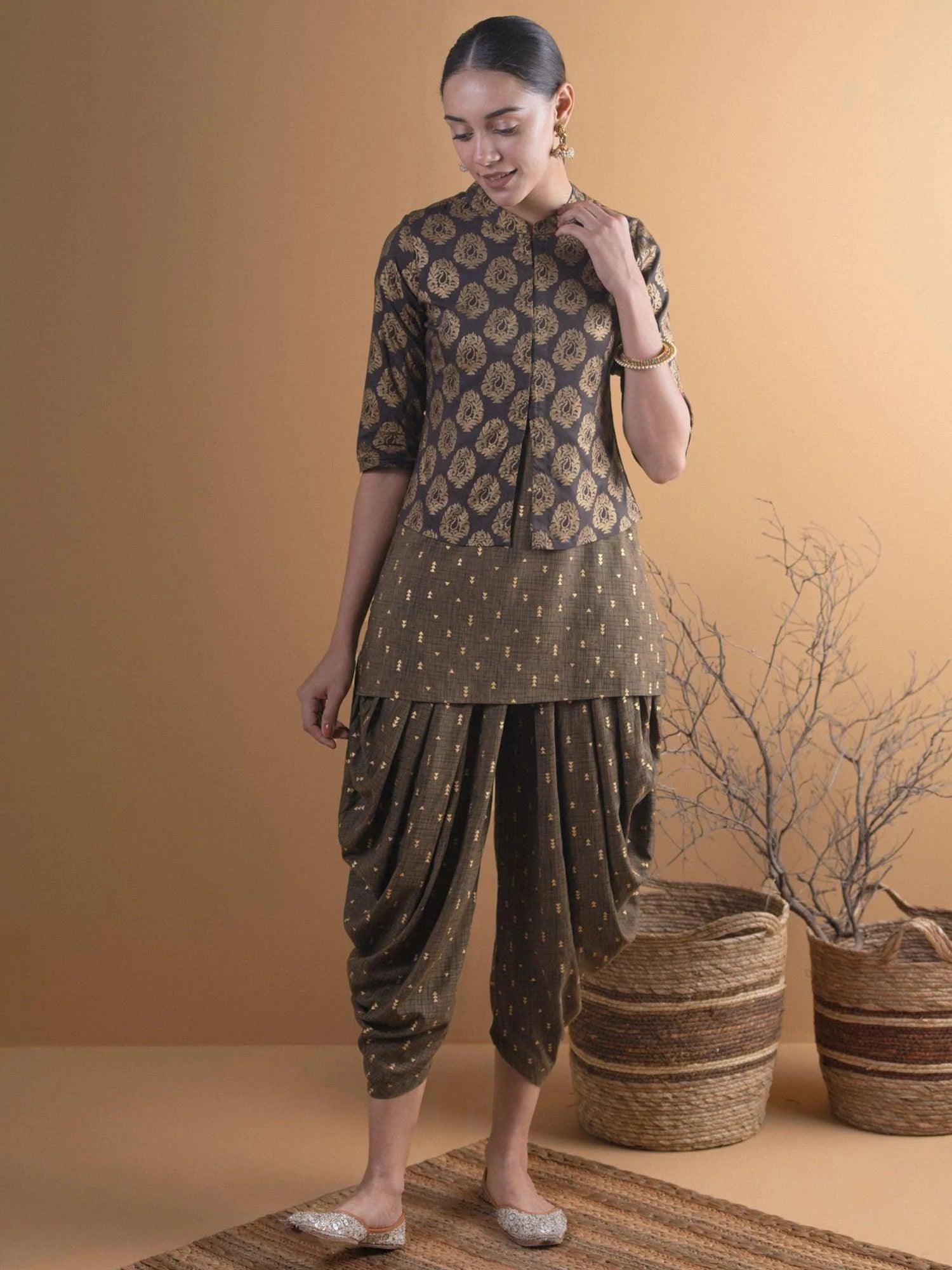 Olive Brown Printed Rayon Kurta Set With Jacket