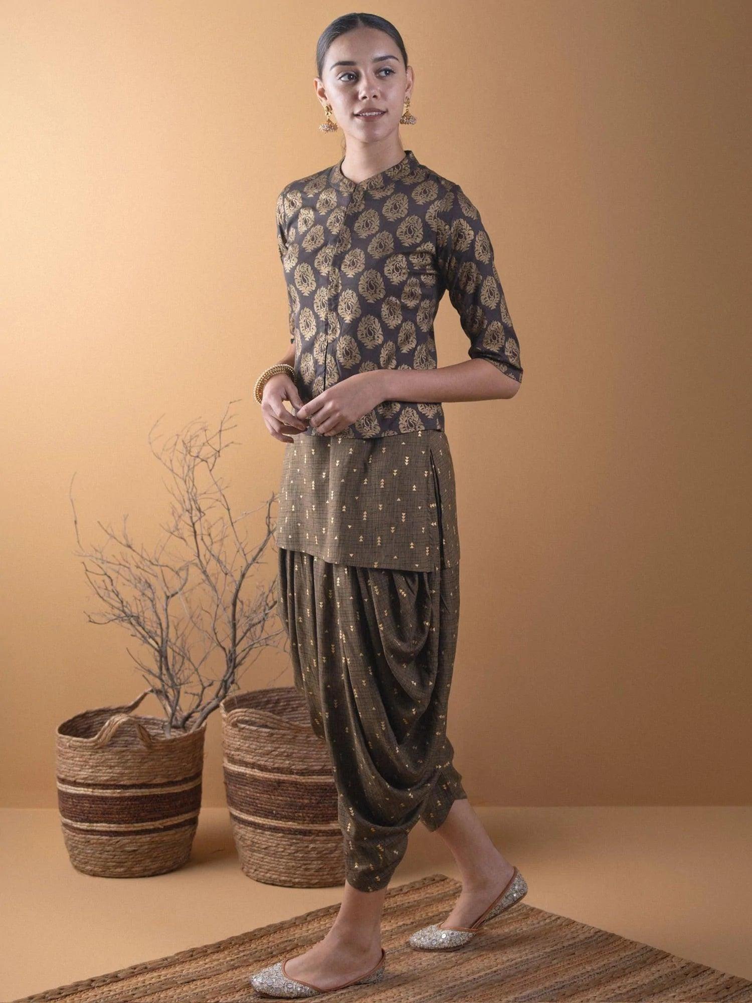 Olive Brown Printed Rayon Kurta Set With Jacket