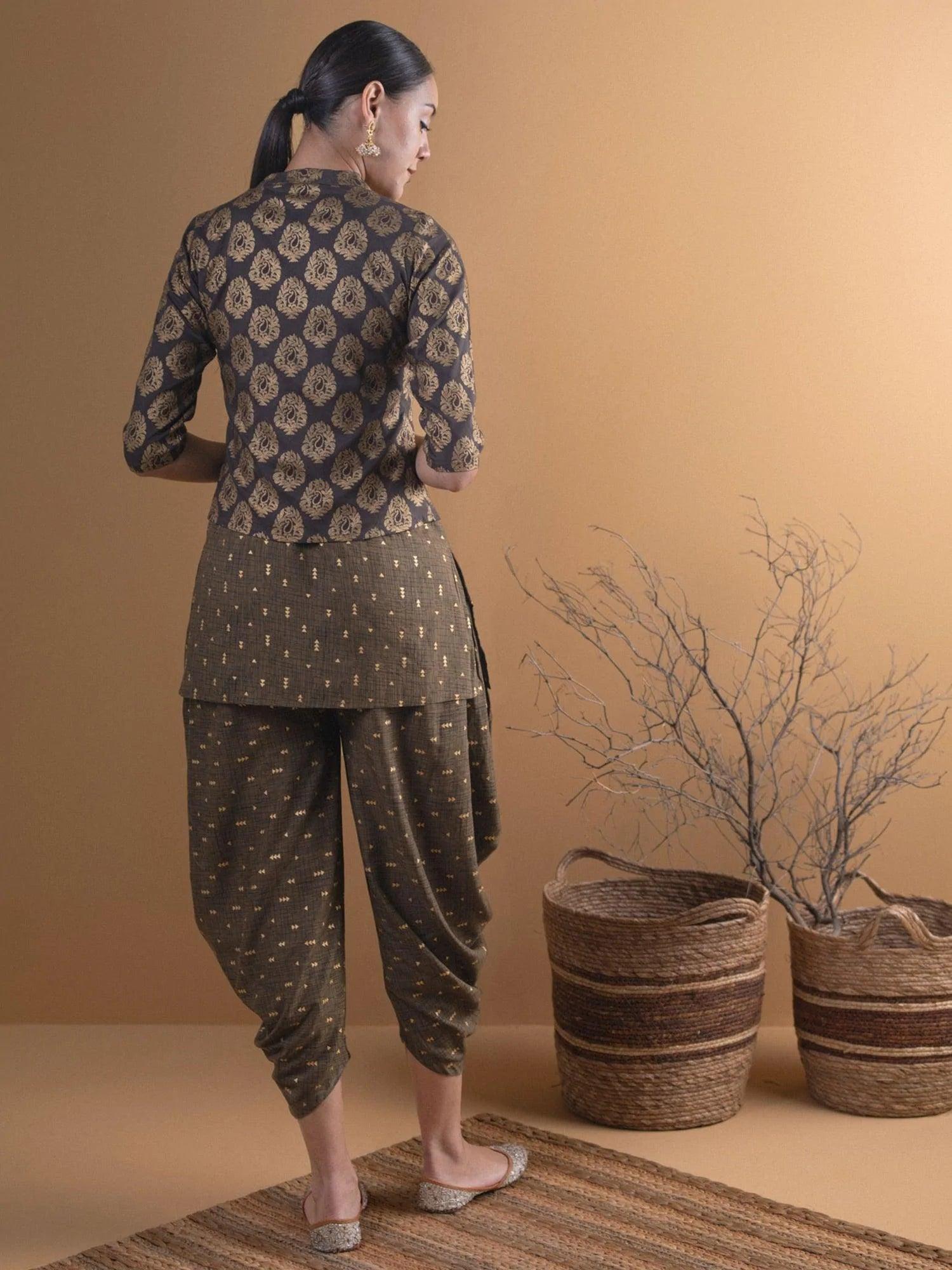 Olive Brown Printed Rayon Kurta Set With Jacket