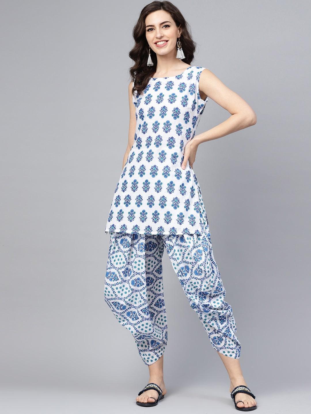 Blue Printed Cotton Kurta Set