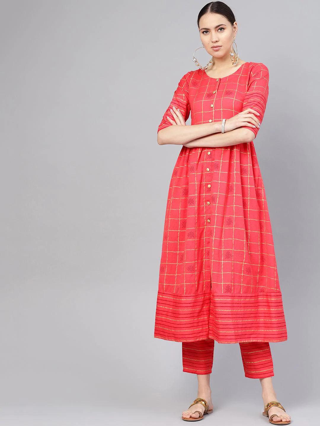 Pink Printed Checkered Kurta Set - ShopLibas