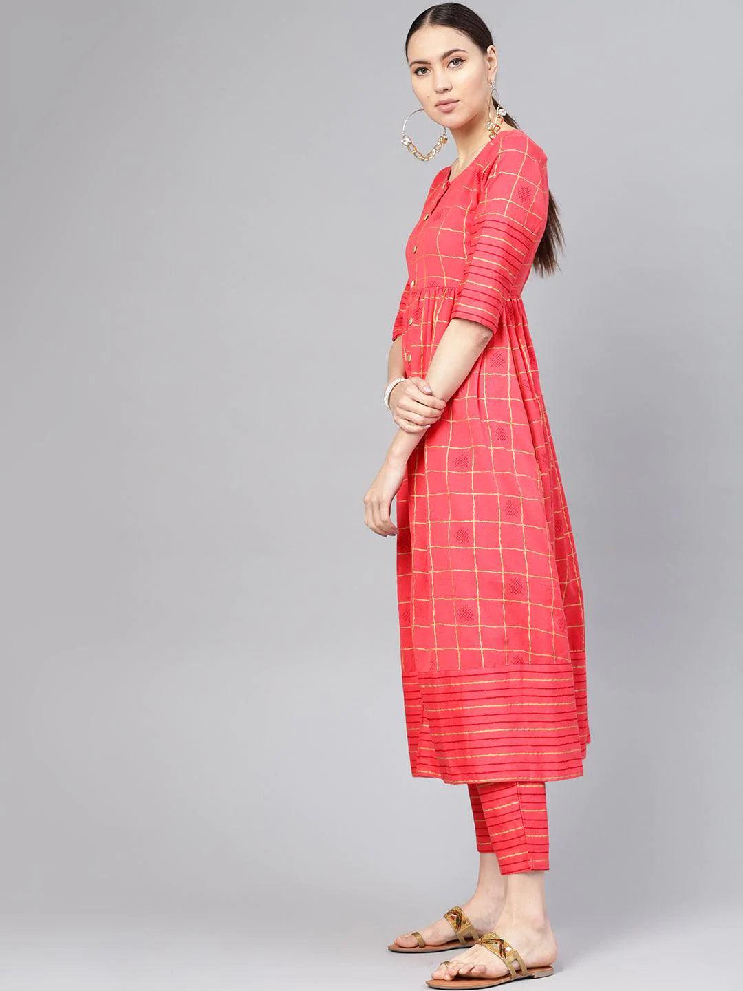 Pink Printed Checkered Kurta Set