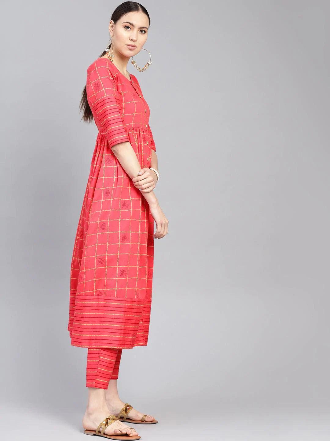 Pink Printed Checkered Kurta Set