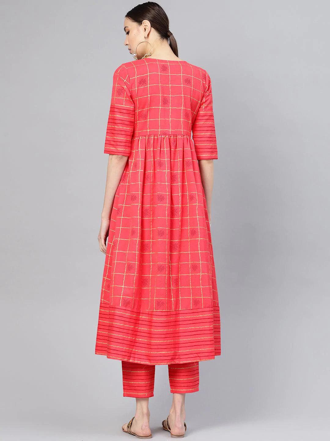 Pink Printed Checkered Kurta Set