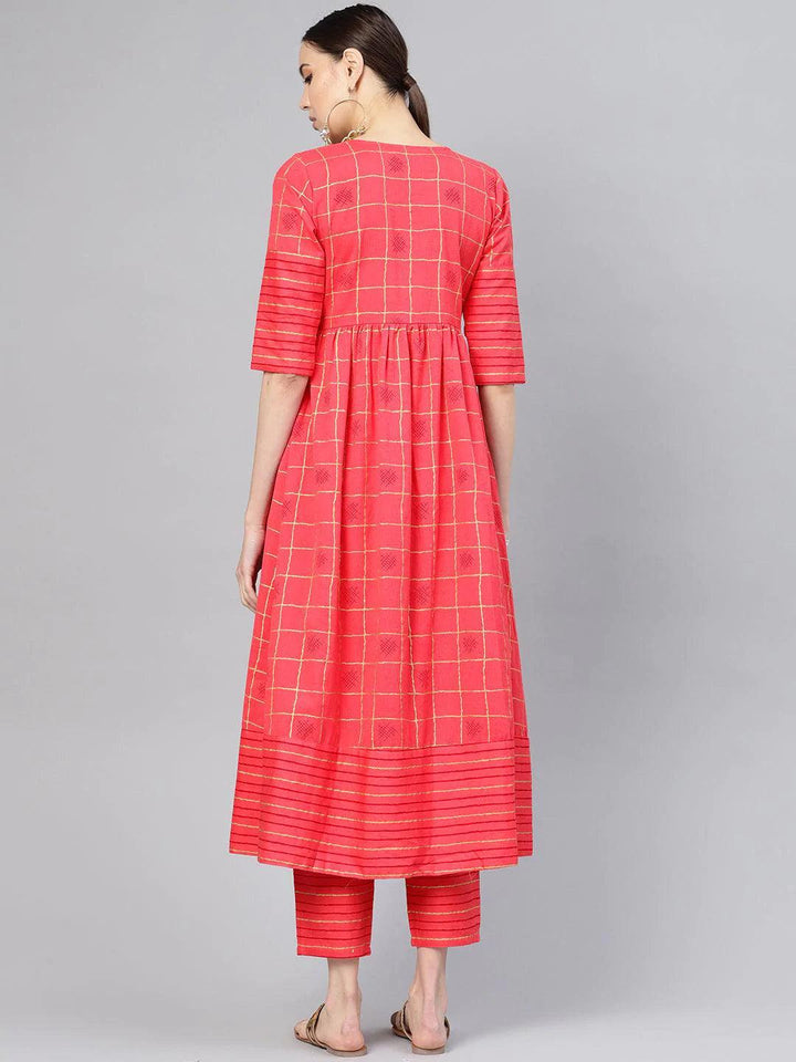 Pink Printed Checkered Kurta Set - ShopLibas