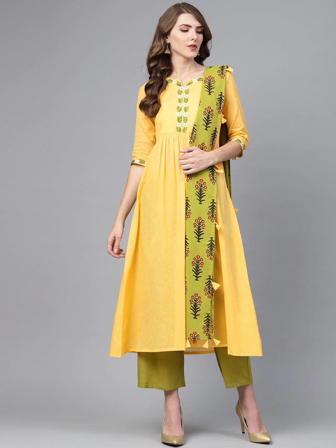 Yellow Solid Cotton Suit Set