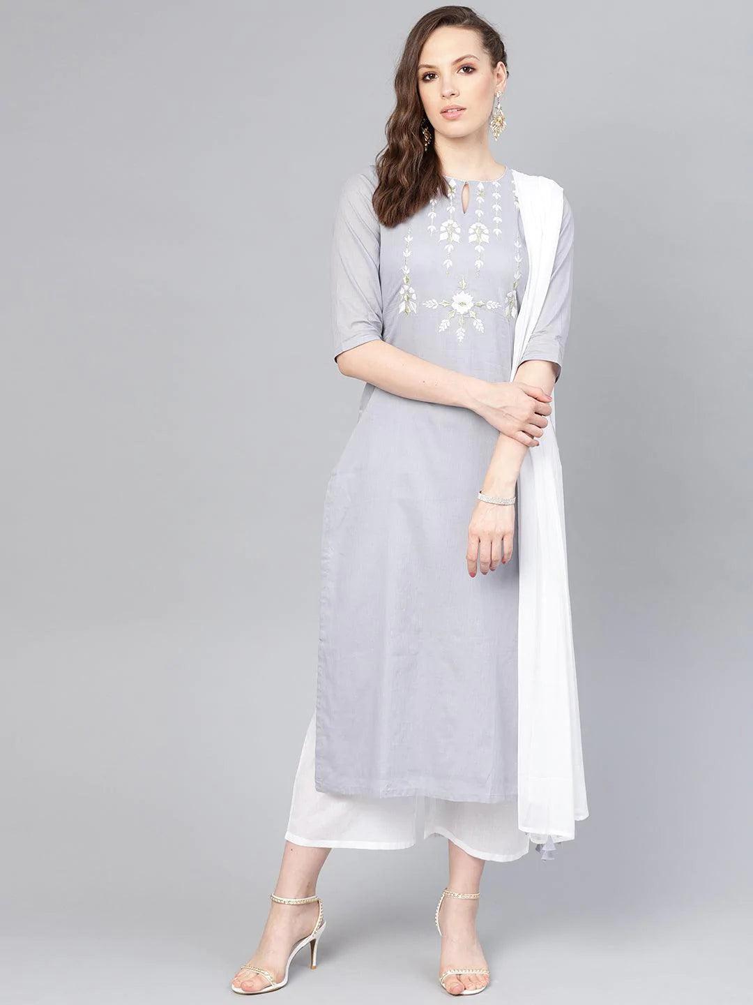 Grey Embroidered Cotton Suit Set - ShopLibas