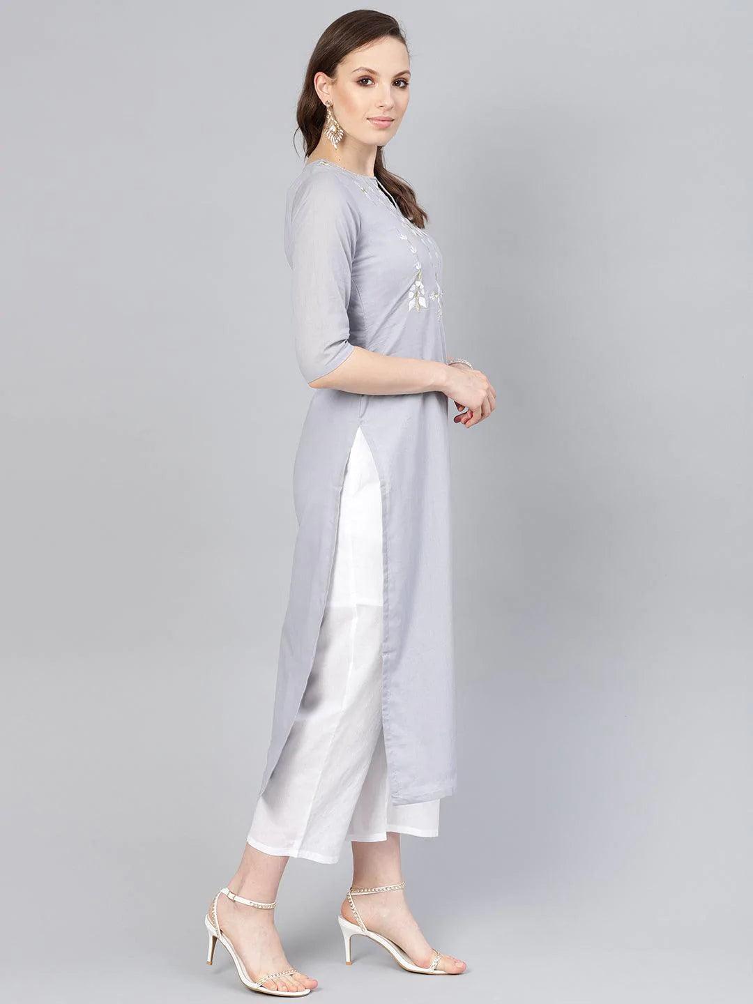 Grey Embroidered Cotton Suit Set - ShopLibas