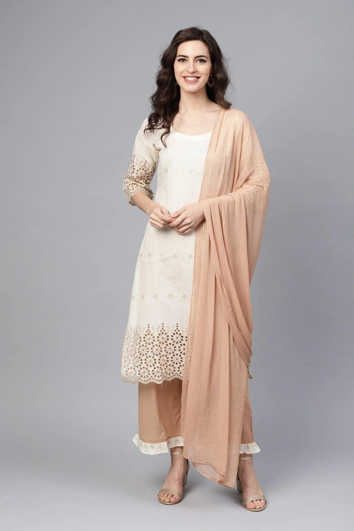 Off White Embroidered Cotton Suit Set - ShopLibas