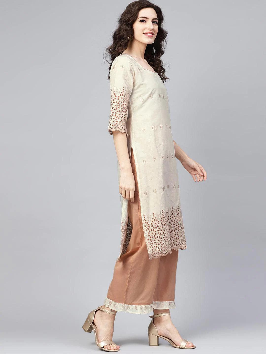 Off White Embroidered Cotton Suit Set - ShopLibas